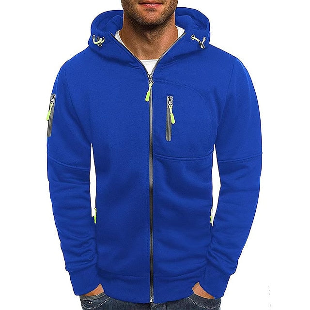 Blauer Herren-Hoodie mit Reißverschluss, Kapuze und Taschen. Modischer Freizeitpullover, ideal für Herbst und Winter. Bequeme Herrenbekleidung.