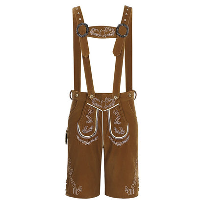 Braune Lederhose mit Hosenträgern, traditionell bayerisch, verziert mit weißer Stickerei. Perfekt für Oktoberfest und Trachtenmode.