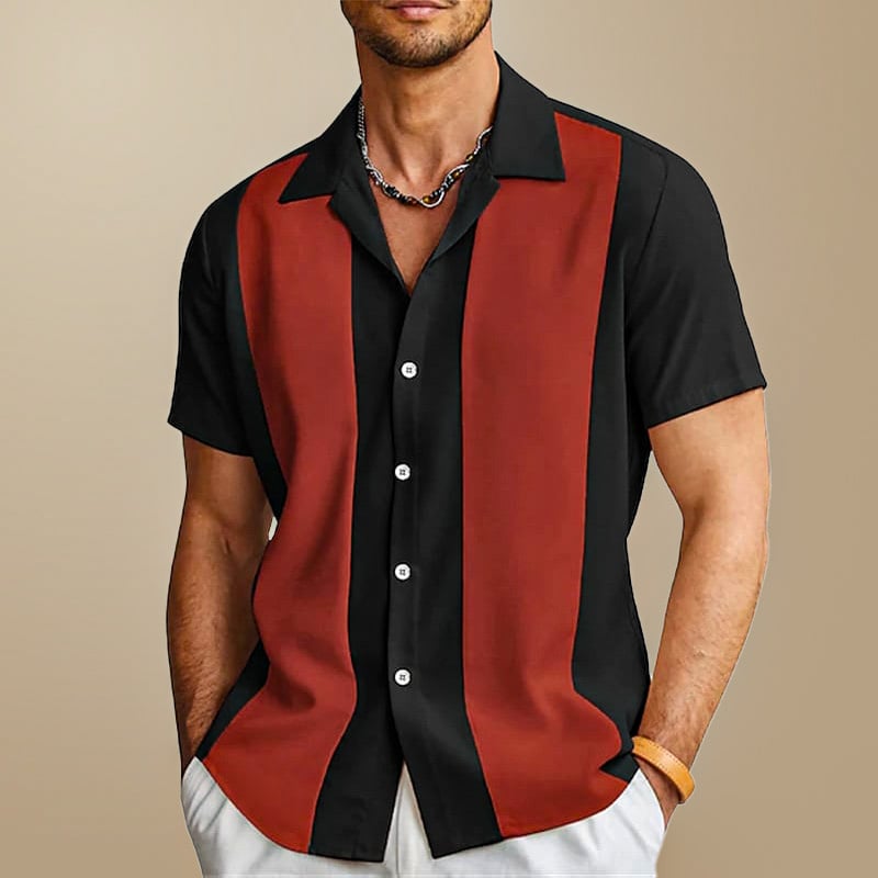 Men's shirt with button placket, vertical color-block stripes, and short sleeves