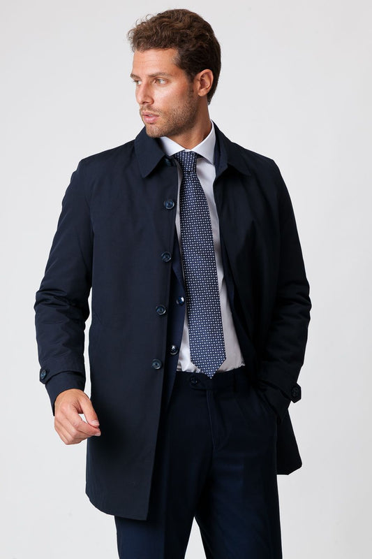 Herren Winter-Trenchcoat Blau Mit Nylonfutter