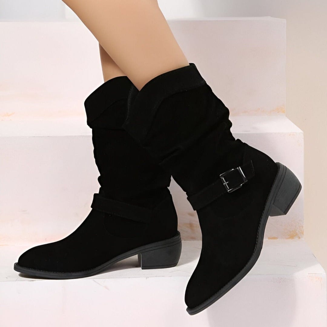 Schwarze Damenstiefel mit Schnalle, mittlerer Absatz, weiches Wildleder, modisch, bequem, ideal für Herbst- und Winteroutfits.