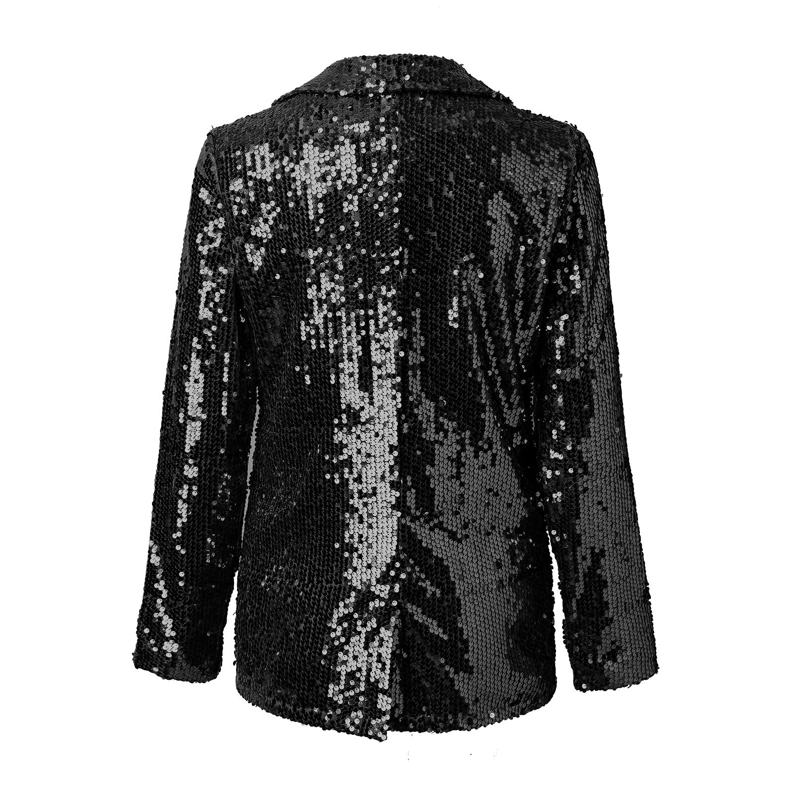 Schwarze Paillettenjacke, Rückansicht. Glänzendes Design, lange Ärmel, eleganter Look. Perfekt für Abendmode und festliche Anlässe.