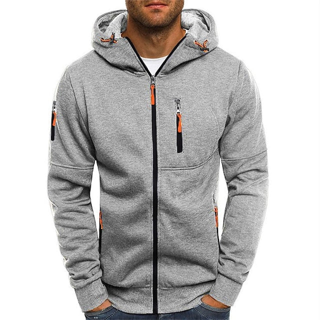 Grauer Herren-Hoodie mit Reißverschlüssen und Kapuze, sportlich und modisch, ideal für Freizeit und Outdoor-Aktivitäten.