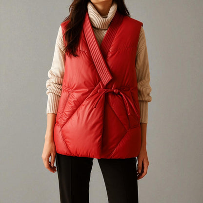 Women's Autumn Quilted Vest with Waist Belt and Side Pockets