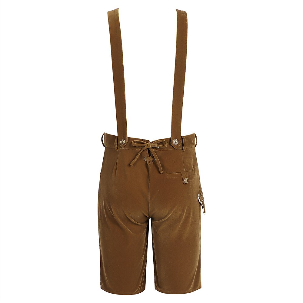 Braune Lederhose mit Hosenträgern, traditionelles bayerisches Design, Rückansicht. Perfekt für Oktoberfest, Trachtenmode, Herrenbekleidung.