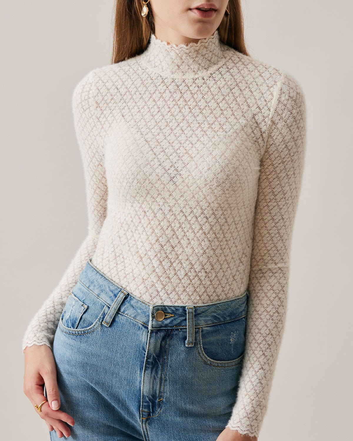 Damen Strickoberteil Mit Stehkragen, Spitzen-Detail Und Transparenter Optik