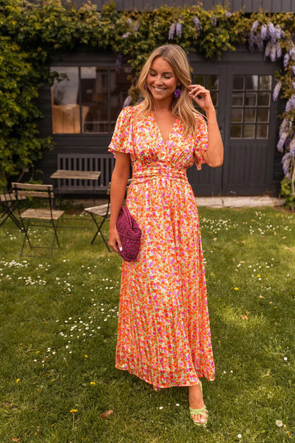 Damen Sommerkleid mit Blumenmuster – V Ausschnitt Empire Taille