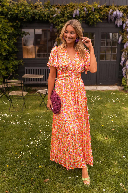 Damen Sommerkleid mit Blumenmuster – V Ausschnitt Empire Taille