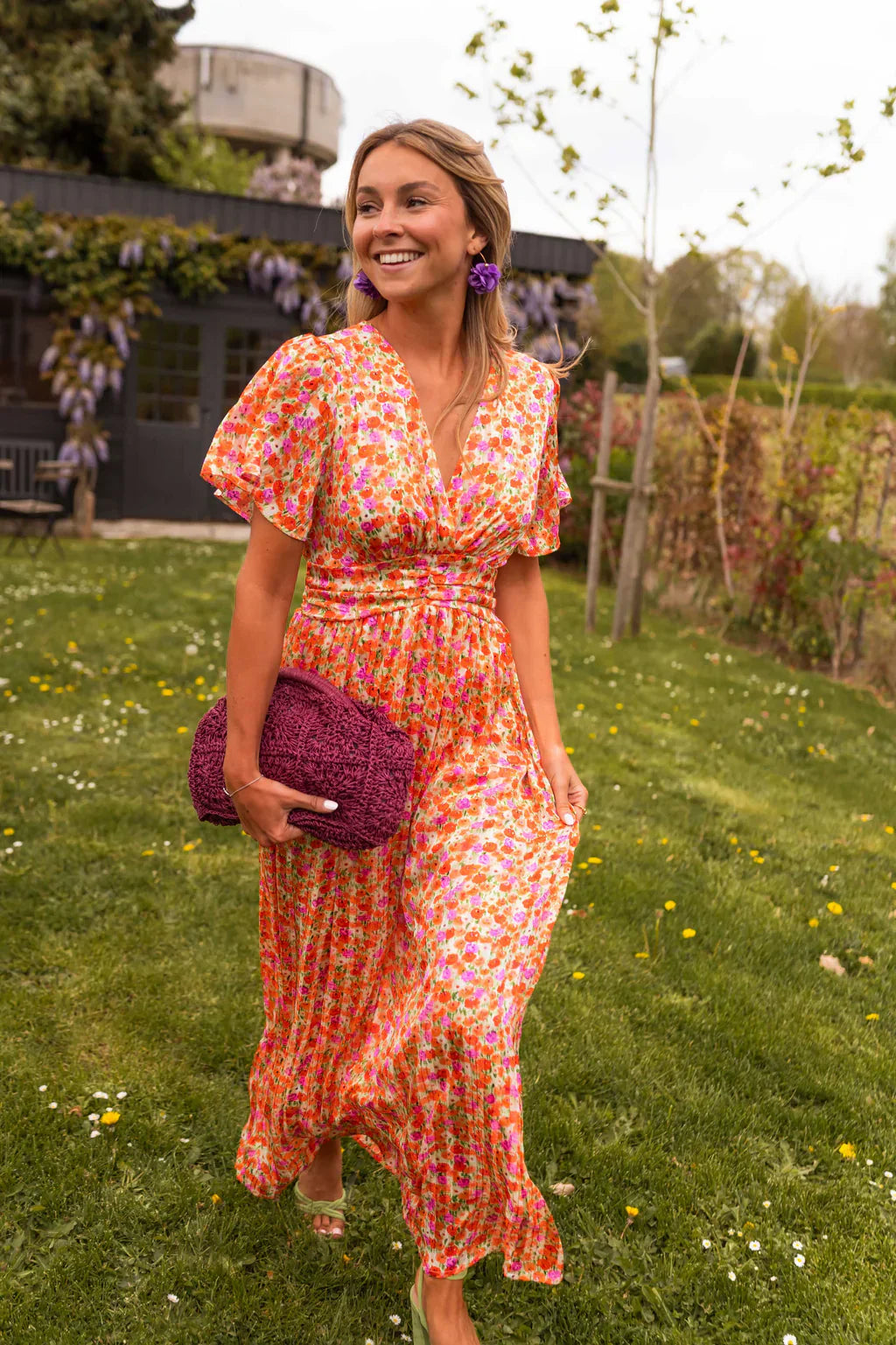 Damen Sommerkleid mit Blumenmuster – V Ausschnitt Empire Taille