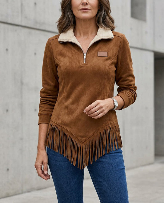 Damen-Sweatshirt mit Half-Zip und dekorativen Fransen an der Vorderseite
