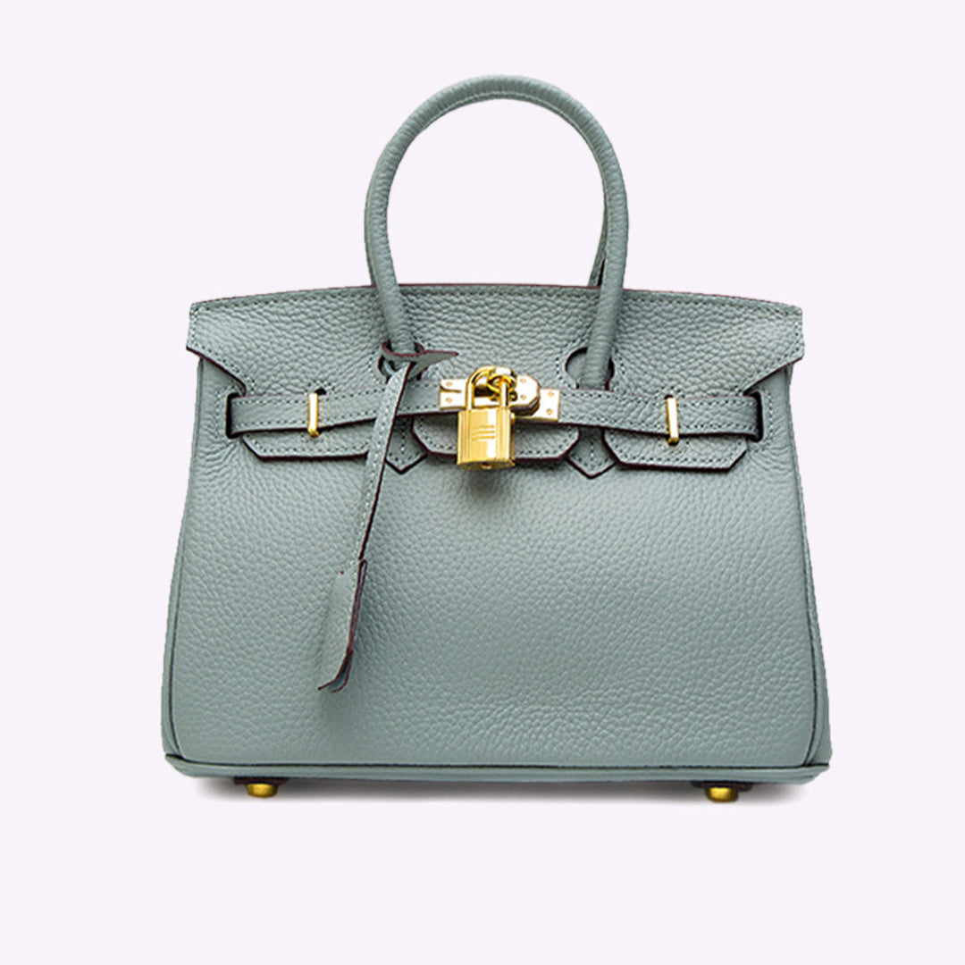 Luxuriöse graue Lederhandtasche mit goldenen Beschlägen und Schloss, elegante Damenmode, stilvolles Accessoire, hochwertige Designer-Tasche.