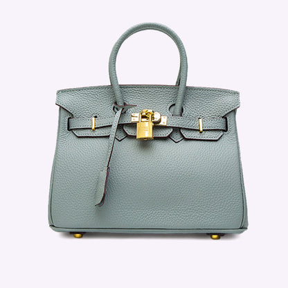Luxuriöse graue Lederhandtasche mit goldenen Beschlägen und Schloss, elegante Damenmode, stilvolles Accessoire, hochwertige Designer-Tasche.