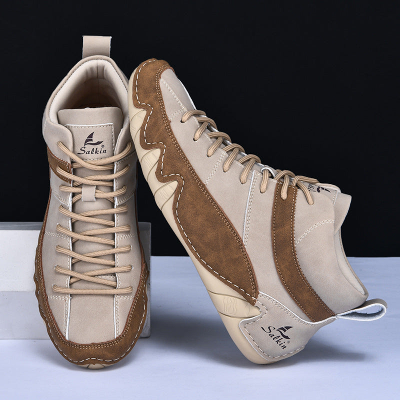 Beige und braune Sneaker mit hohem Schaft, markantem Zickzack-Design und Salkin-Logo, ideal für Herrenmode und Freizeitkleidung.