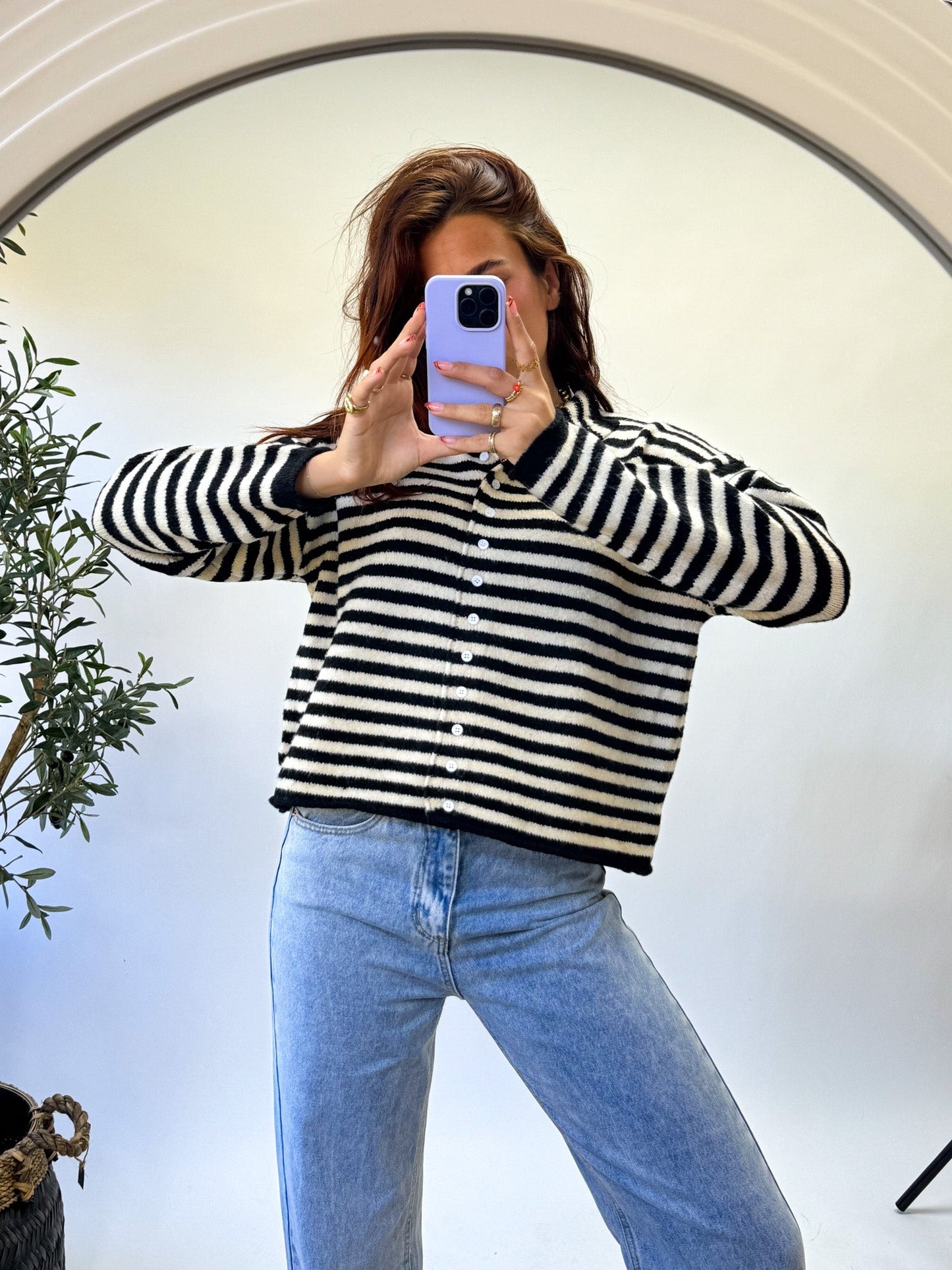Women's knitted cardigan white with black stripes and button closure