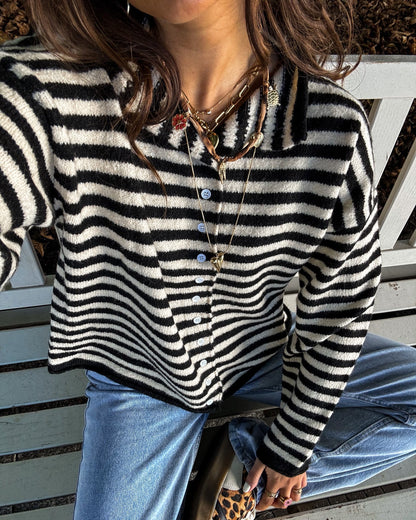 Women's knitted cardigan white with black stripes and button closure