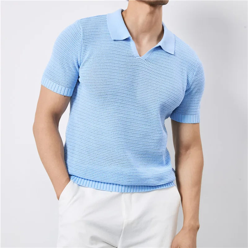 Men's Summer Knitted Polo Shirt with V-Neck, Elastic Waistband, and Breathable Fabric