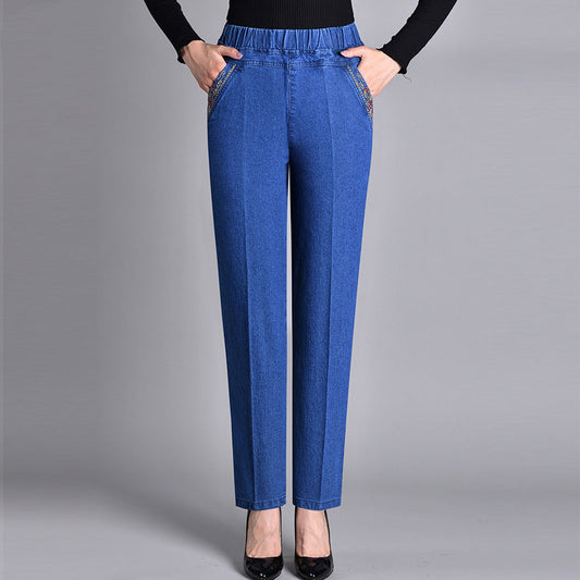 Women's Jeans with Elastic Waistband and Side Pockets