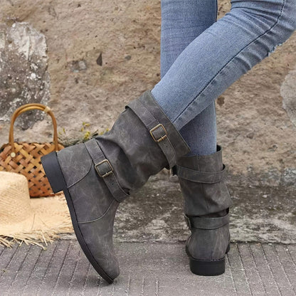Damen-Herbst-Ankle-Boots Mit Niedrigem Absatz Und Schnallendetail
