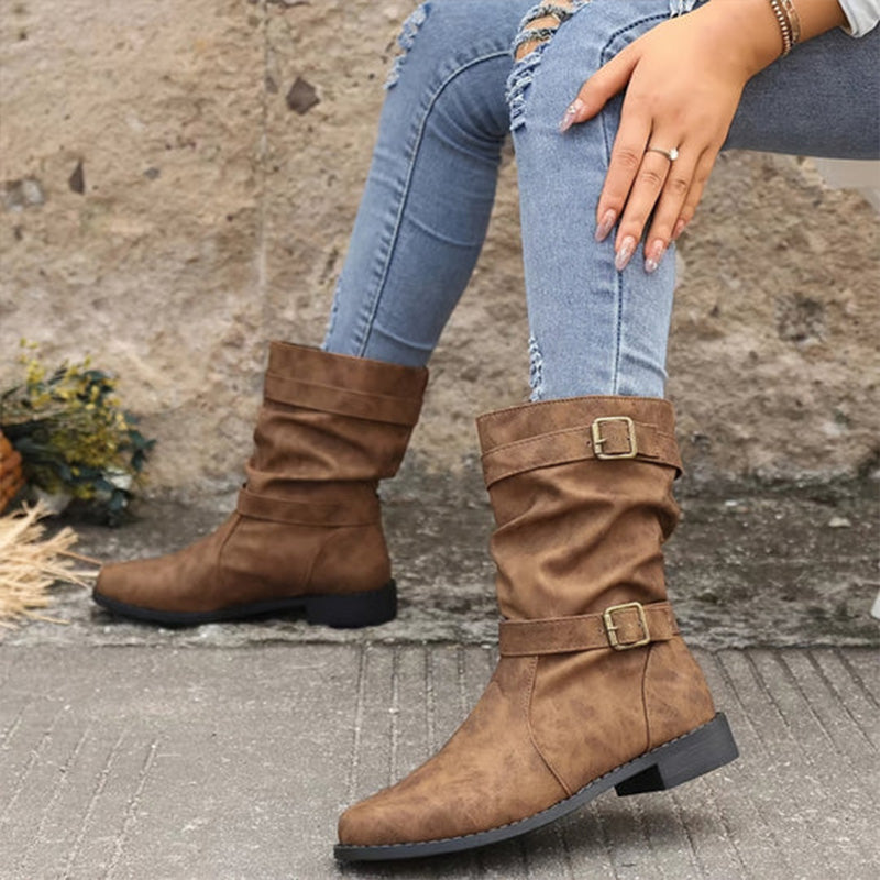 Damen-Herbst-Ankle-Boots Mit Niedrigem Absatz Und Schnallendetail