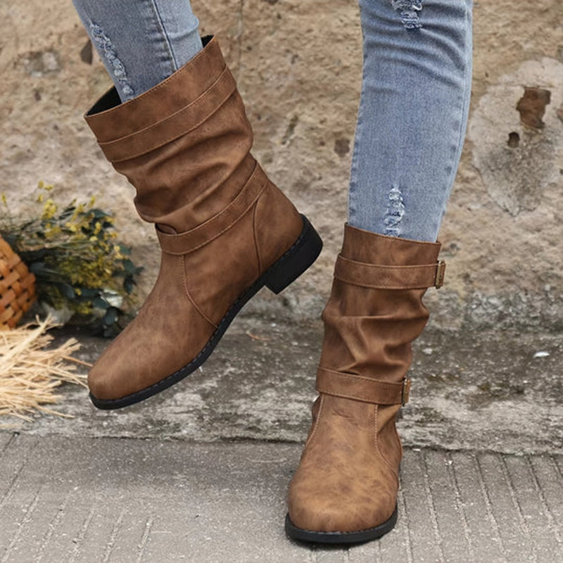 Damen-Herbst-Ankle-Boots Mit Niedrigem Absatz Und Schnallendetail