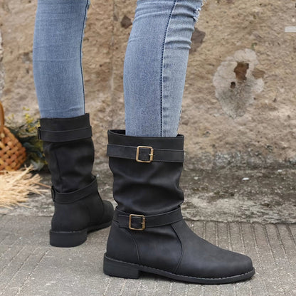 Damen-Herbst-Ankle-Boots Mit Niedrigem Absatz Und Schnallendetail