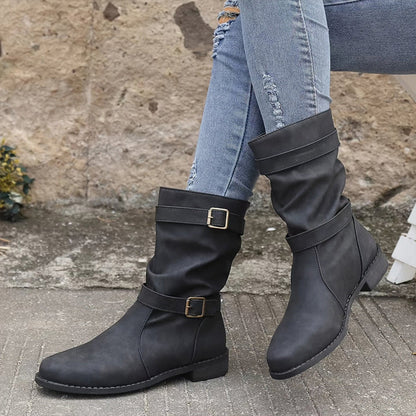 Damen-Herbst-Ankle-Boots Mit Niedrigem Absatz Und Schnallendetail