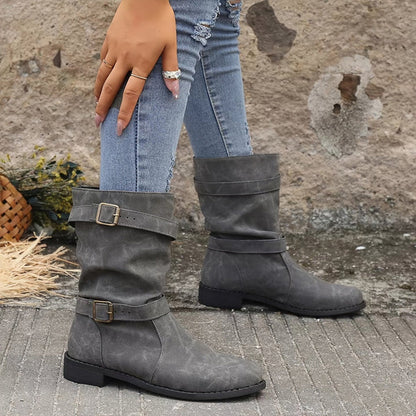 Damen-Herbst-Ankle-Boots Mit Niedrigem Absatz Und Schnallendetail