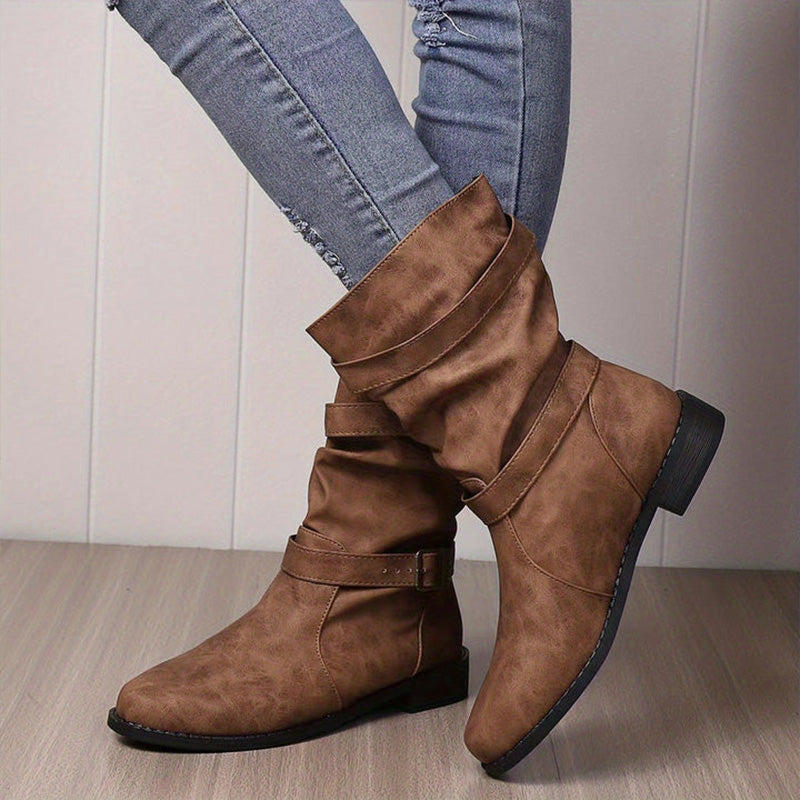 Damen-Herbst-Ankle-Boots Mit Niedrigem Absatz Und Schnallendetail