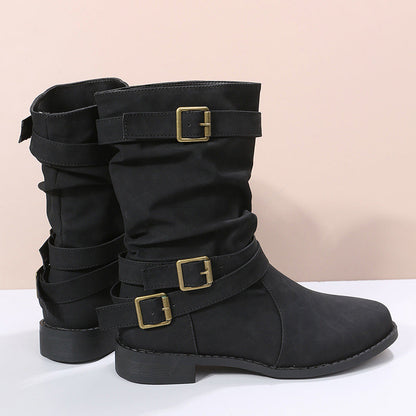 Damen-Herbst-Ankle-Boots Mit Niedrigem Absatz Und Schnallendetail