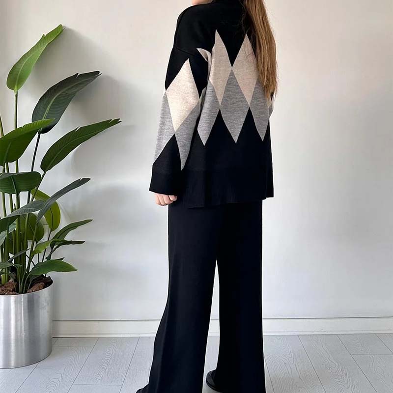 Damen Pullover-Und-Hosen-Set Colorblock Rauten Muster
