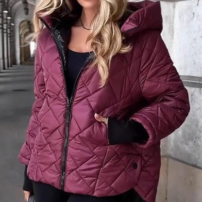 Damen Winter Steppjacke mit Rautenmuster, Kapuze und Reißverschluss
