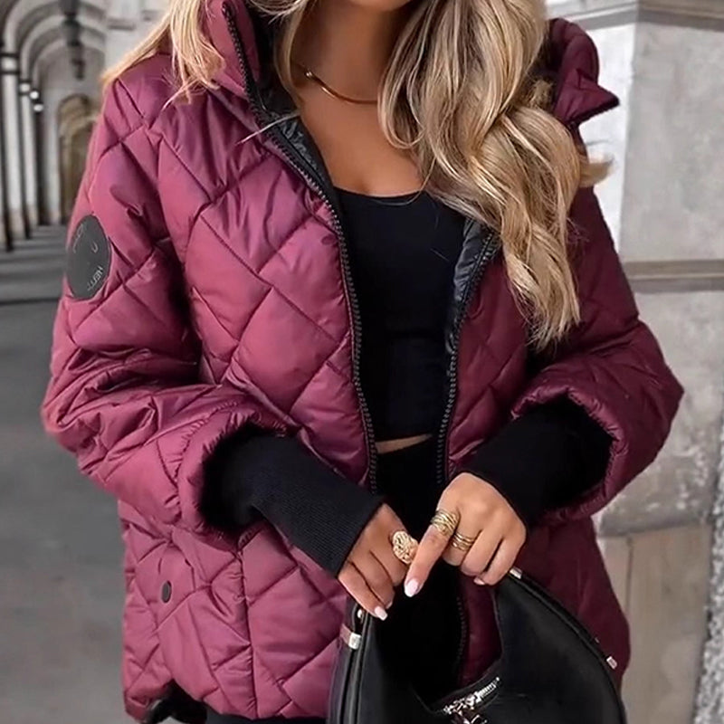 Damen Winter Steppjacke mit Rautenmuster, Kapuze und Reißverschluss