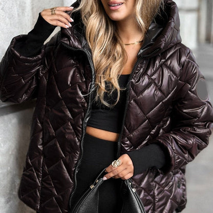 Damen Winter Steppjacke mit Rautenmuster, Kapuze und Reißverschluss