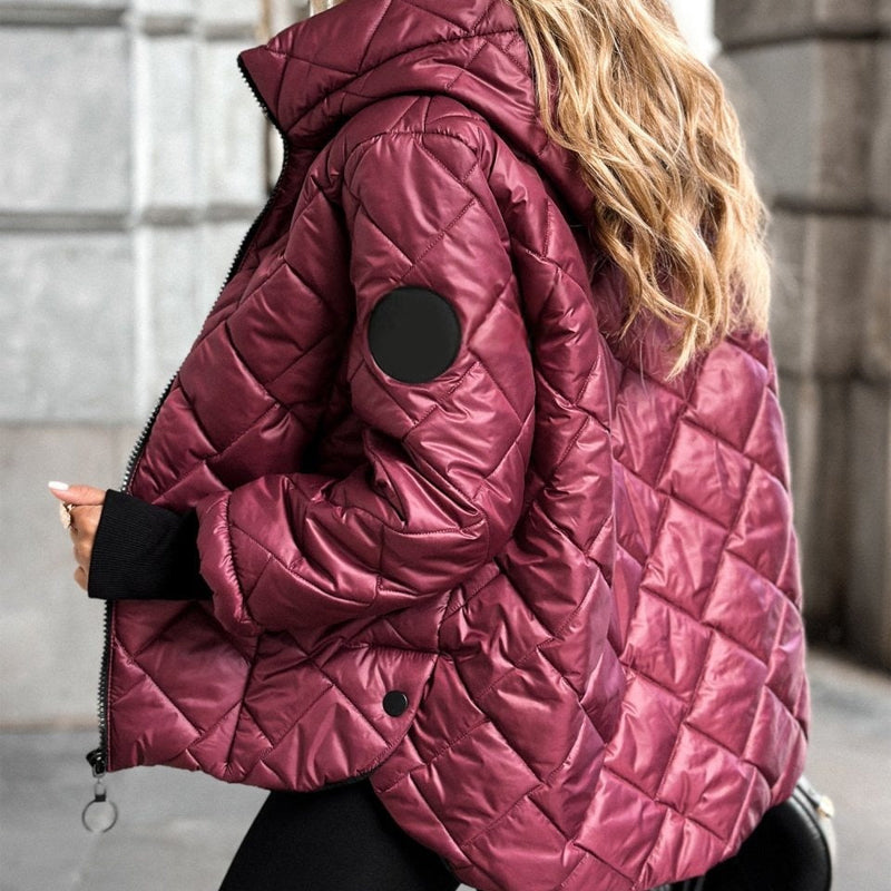 Damen Winter Steppjacke mit Rautenmuster, Kapuze und Reißverschluss