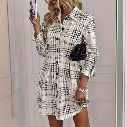 Damen Kleid A Linie Hemdblusenkleid Kariert Langarm