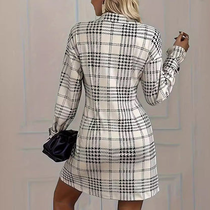 Damen Kleid A Linie Hemdblusenkleid Kariert Langarm