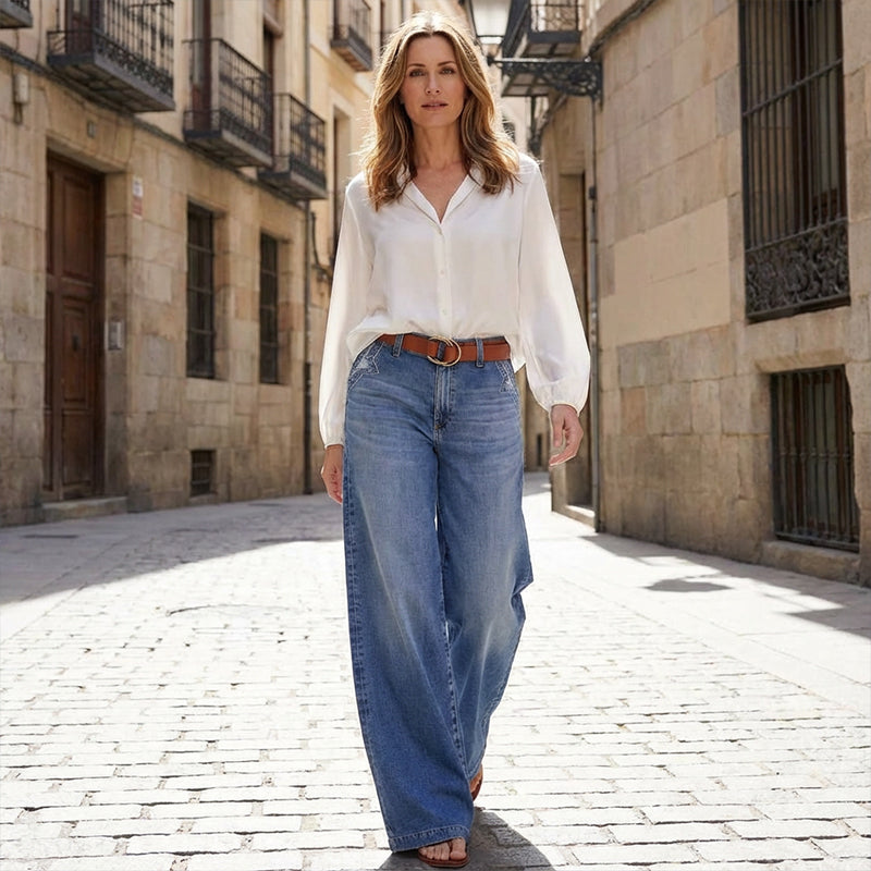 Damen-Jeans mit weitem Bein, hoher Taille und Vintage-Waschung