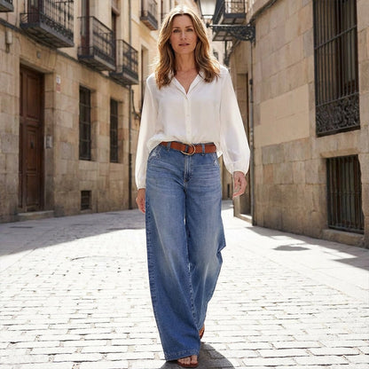 Damen-Jeans mit weitem Bein, hoher Taille und Vintage-Waschung