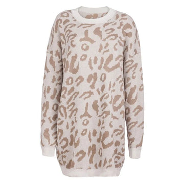 Beige Damenpullover mit Leopardenmuster, langärmelig, weiches Material, modisches Design, ideal für Herbst- und Wintermode.
