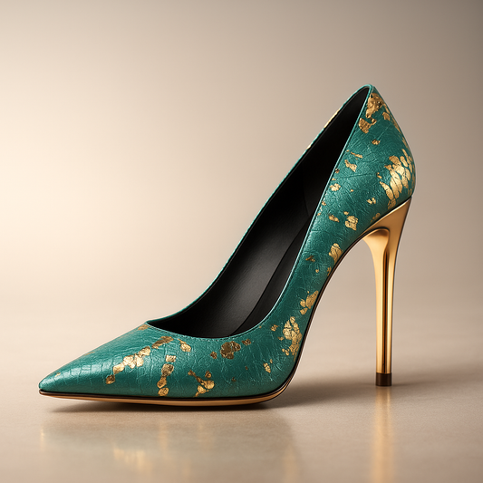 Damen High Heels mit spitz zulaufender Kappe und Gold Absatz