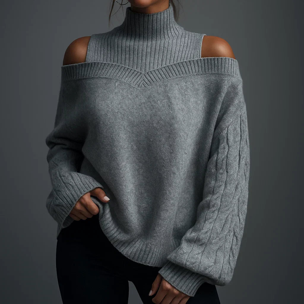 Women's Turtleneck Sweater with Off-Shoulder Detail and Textured Knit