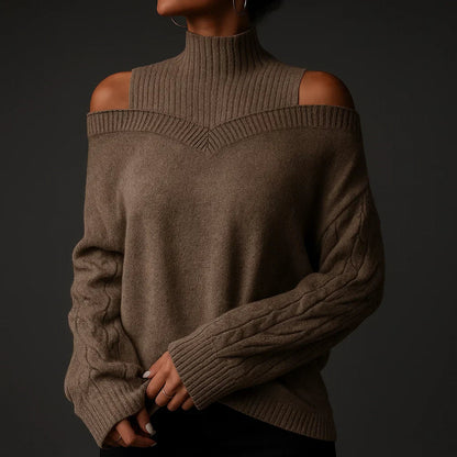 Women's Turtleneck Sweater with Off-Shoulder Detail and Textured Knit