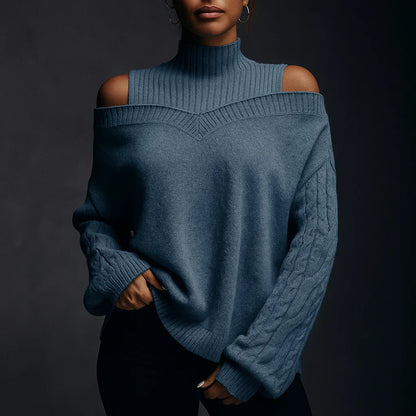 Women's Turtleneck Sweater with Off-Shoulder Detail and Textured Knit