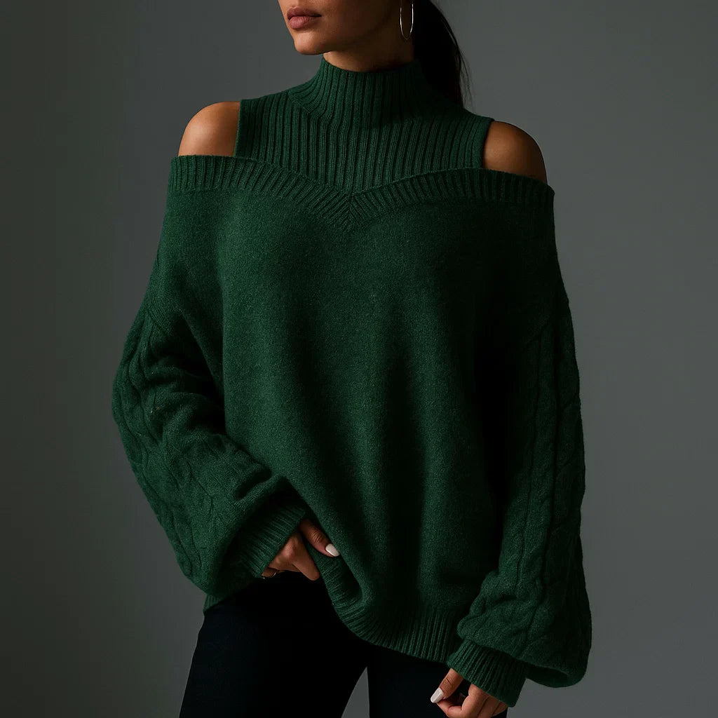 Women's Turtleneck Sweater with Off-Shoulder Detail and Textured Knit
