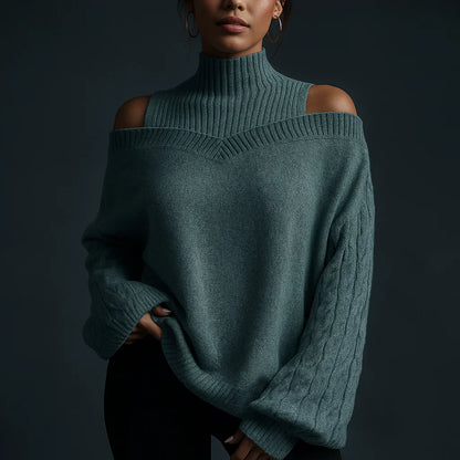 Women's Turtleneck Sweater with Off-Shoulder Detail and Textured Knit