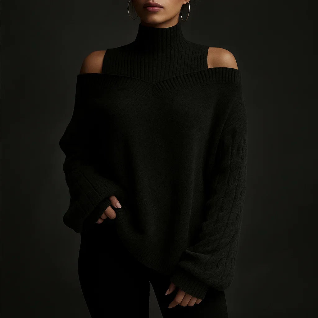 Women's Turtleneck Sweater with Off-Shoulder Detail and Textured Knit