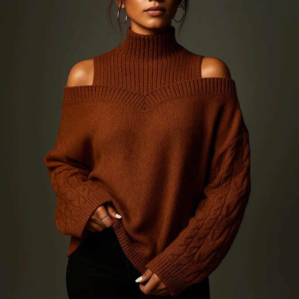 Women's Turtleneck Sweater with Off-Shoulder Detail and Textured Knit