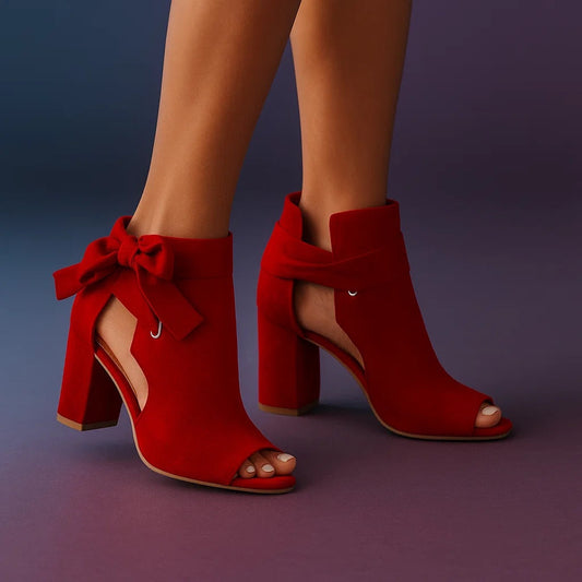 Damen Pumps Peeptoe Blockabsatz Schleifen Akzent