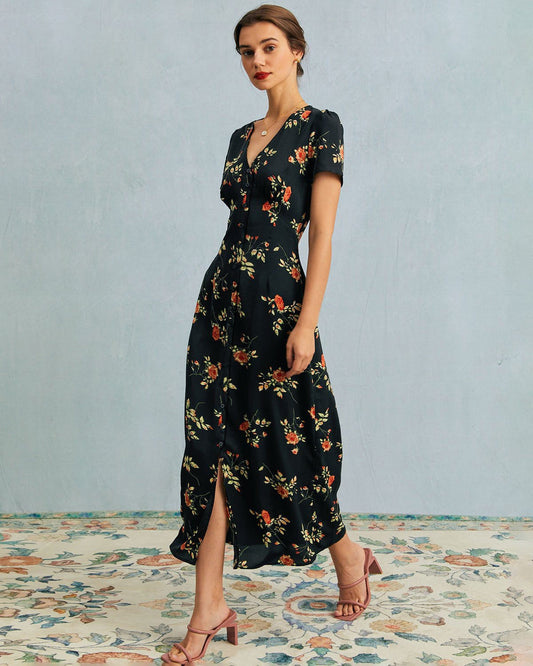 Damen Maxikleid mit V-Ausschnitt, Kurzarm und Blumenmuster