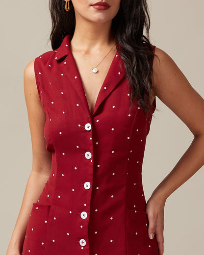 Women's summer midi dress with V-neck, polka dots, and tie at the back, sleeveless